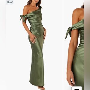 Selma One-Shoulder Satin Gown - Olive Green